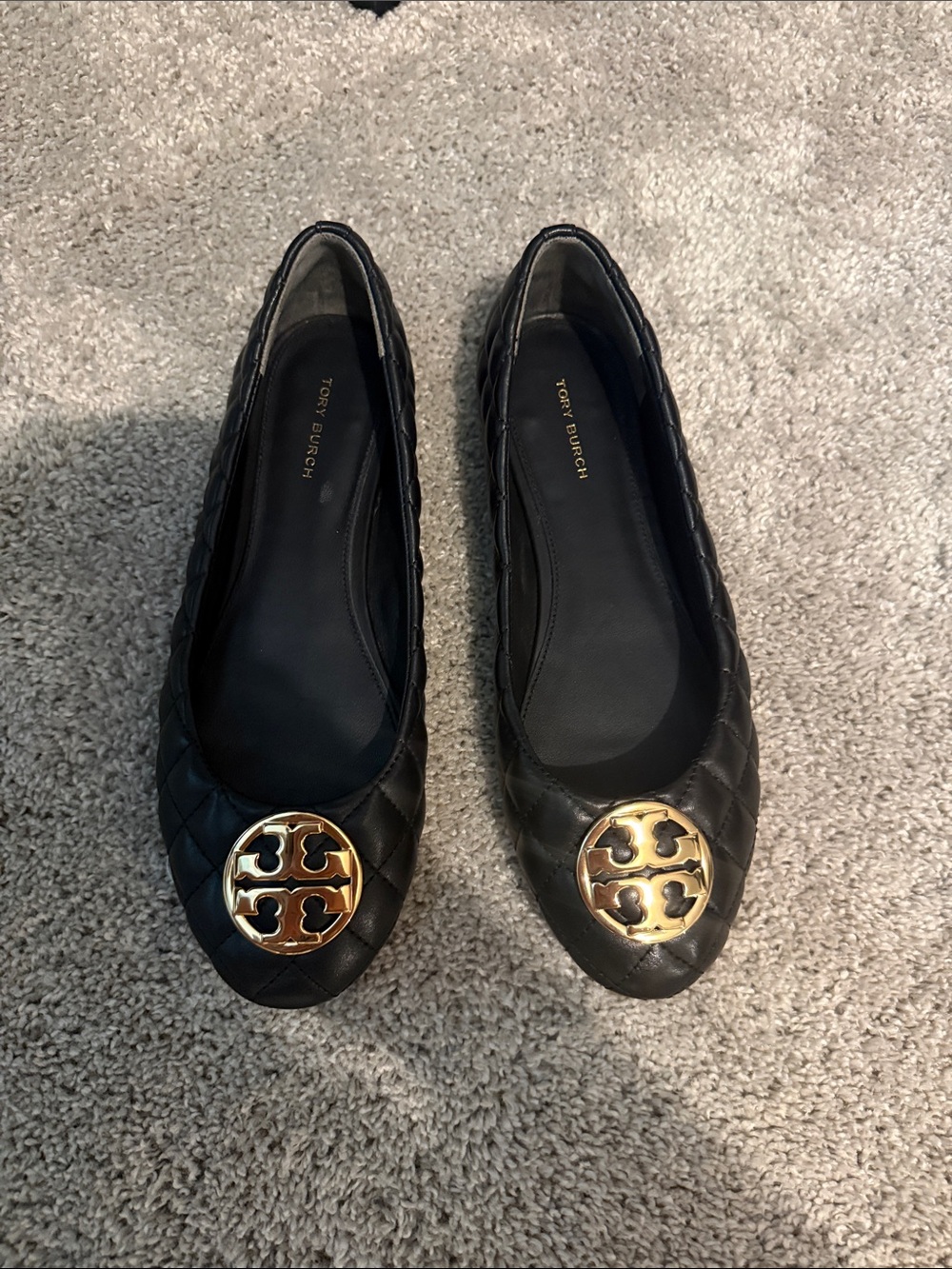 Tory Burch Black Quilted Leather Ballet Flats with Gold Logo